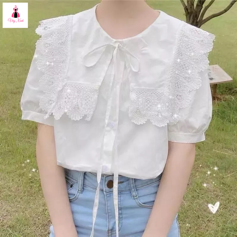 Áo sơ mi trắng nữ cổ thủy thủ thắt nơ tay bồng. Áo babydoll công sở