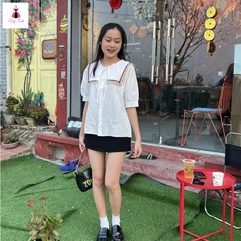 Áo sơ mi trắng nữ cổ thủy thủ thắt nơ tay bồng. Áo babydoll công sở