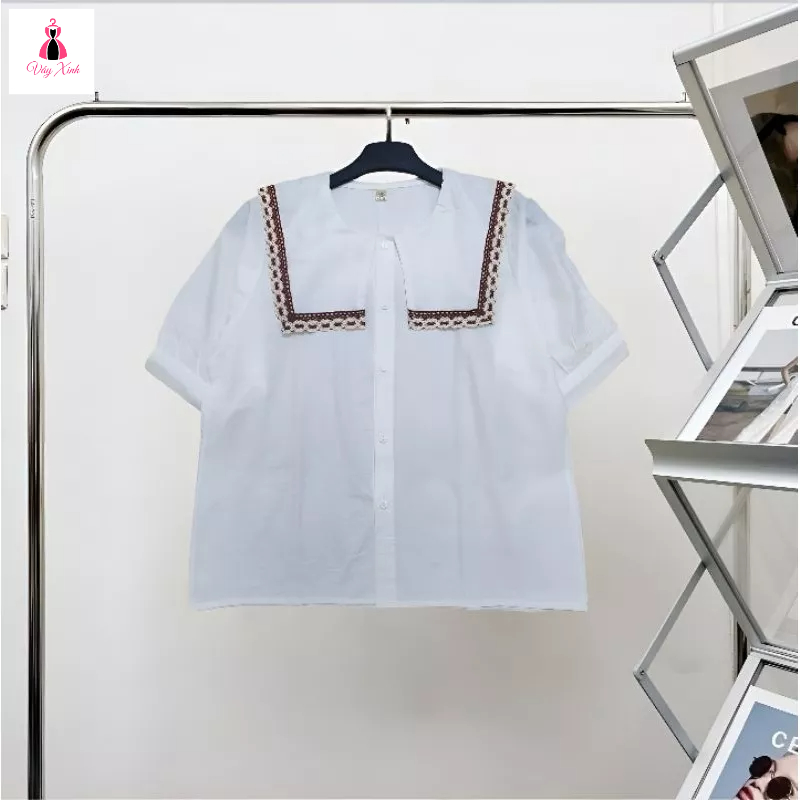 Áo sơ mi trắng nữ cổ thủy thủ thắt nơ tay bồng. Áo babydoll công sở