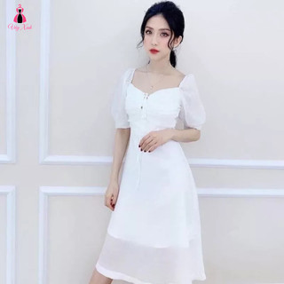 Váy đầm dự tiệc cổ vuông đan dây ngực, tay bồng, dáng dài qua gối, vải 2 lớp màu trắng, hồng