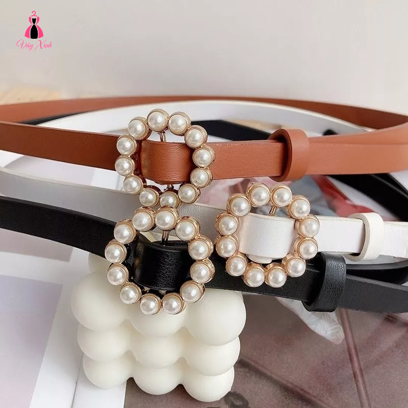 Thắt lưng nữ, đai váy da thật mặt tròn bản nhỏ