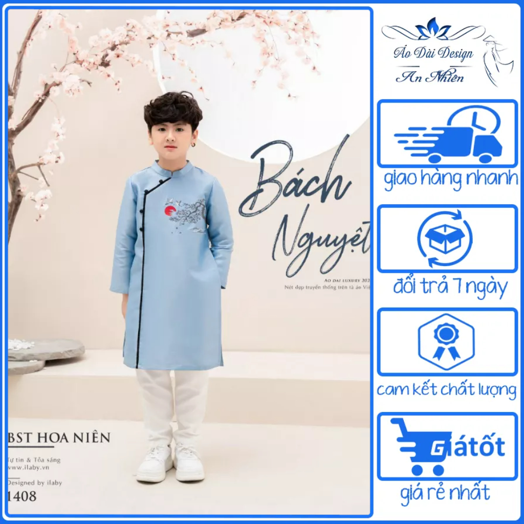 Áo dài cách tân bé trai Bách Nguyệt - vải tafta - họa tiết thêu cao cấp - 2 màu xanh, đỏ - Áo Dài An Nhiên - AN32
