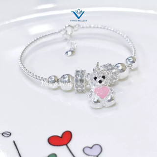  Vòng tay bạc cho bé Vòng đặc mix bi charm Gấu hồng xanh xinh xắn bạc ta Van Jewelry 