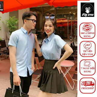 Áo sơ mi cặp fig tree tay ngắn màu xanh nhạt nhã nhặn