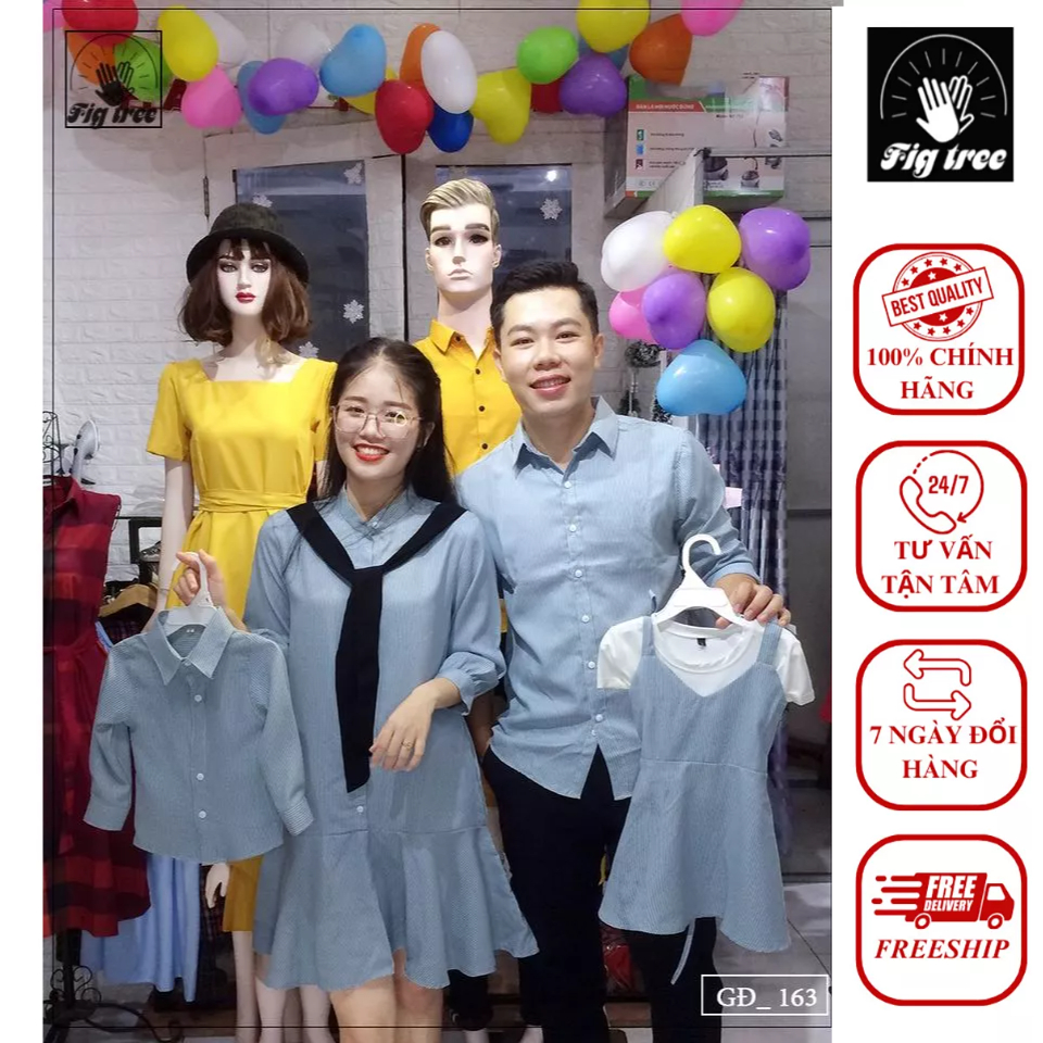 Combo Áo Sơ Mi Váy Gia Đình Fig Tree Sọc Xanh Xám Mã 163 Yếm Bé Gái Kèm Áo Thun