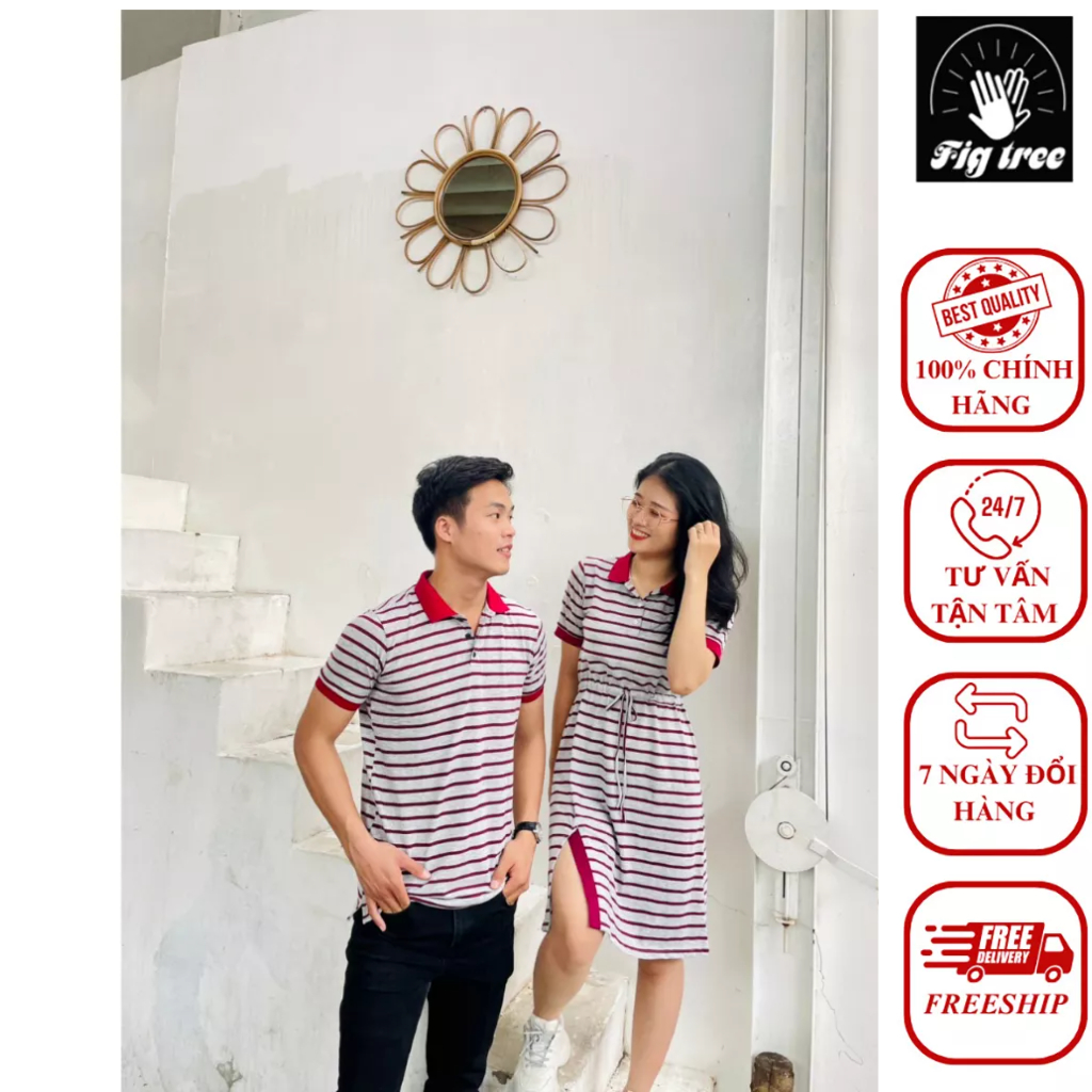 Set Áo Váy Đôi Thun Polo Fig Tree Sọc Đỏ Xám Siêu Yêu Thương
