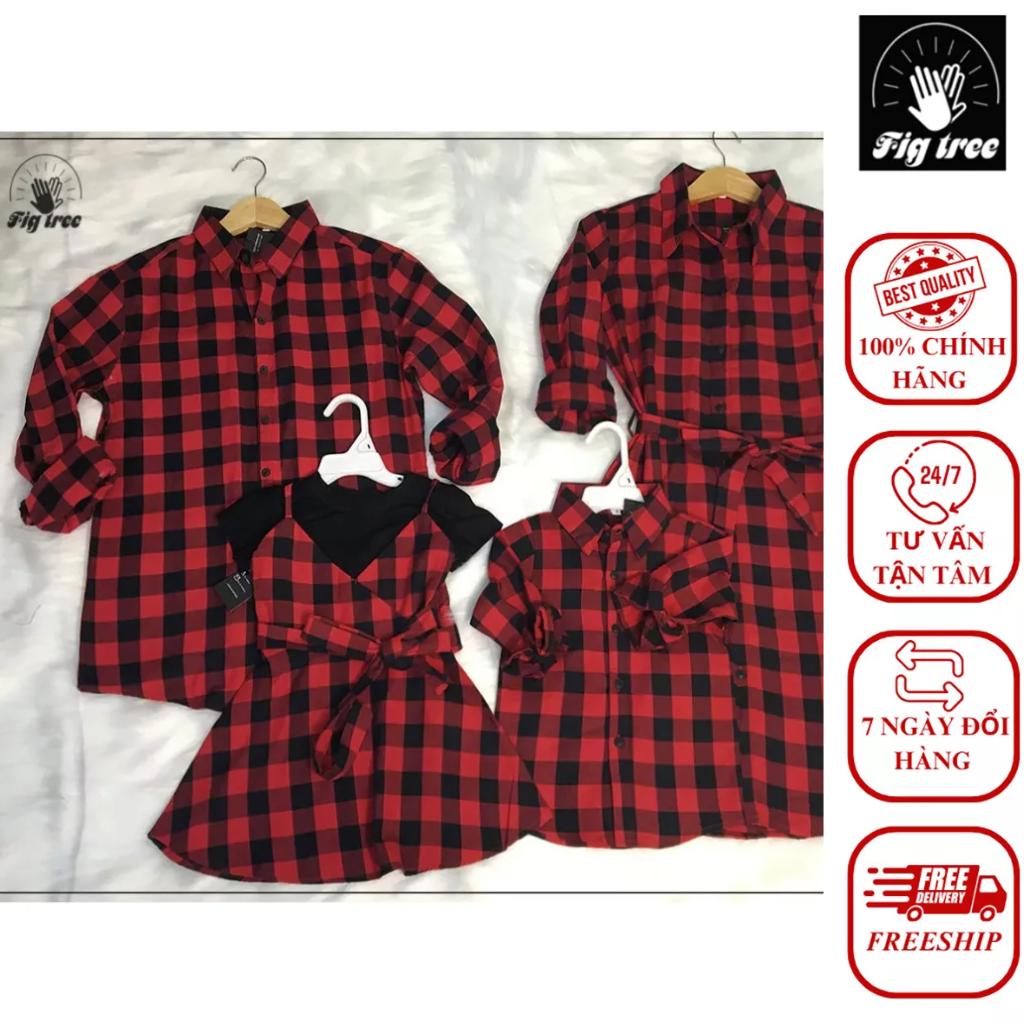 Combo Sơ Mi Váy Gia Đình Fig Tree Caro Đỏ Đen Mã 122A (Yếm Bé Gái Kèm Áo Thun)