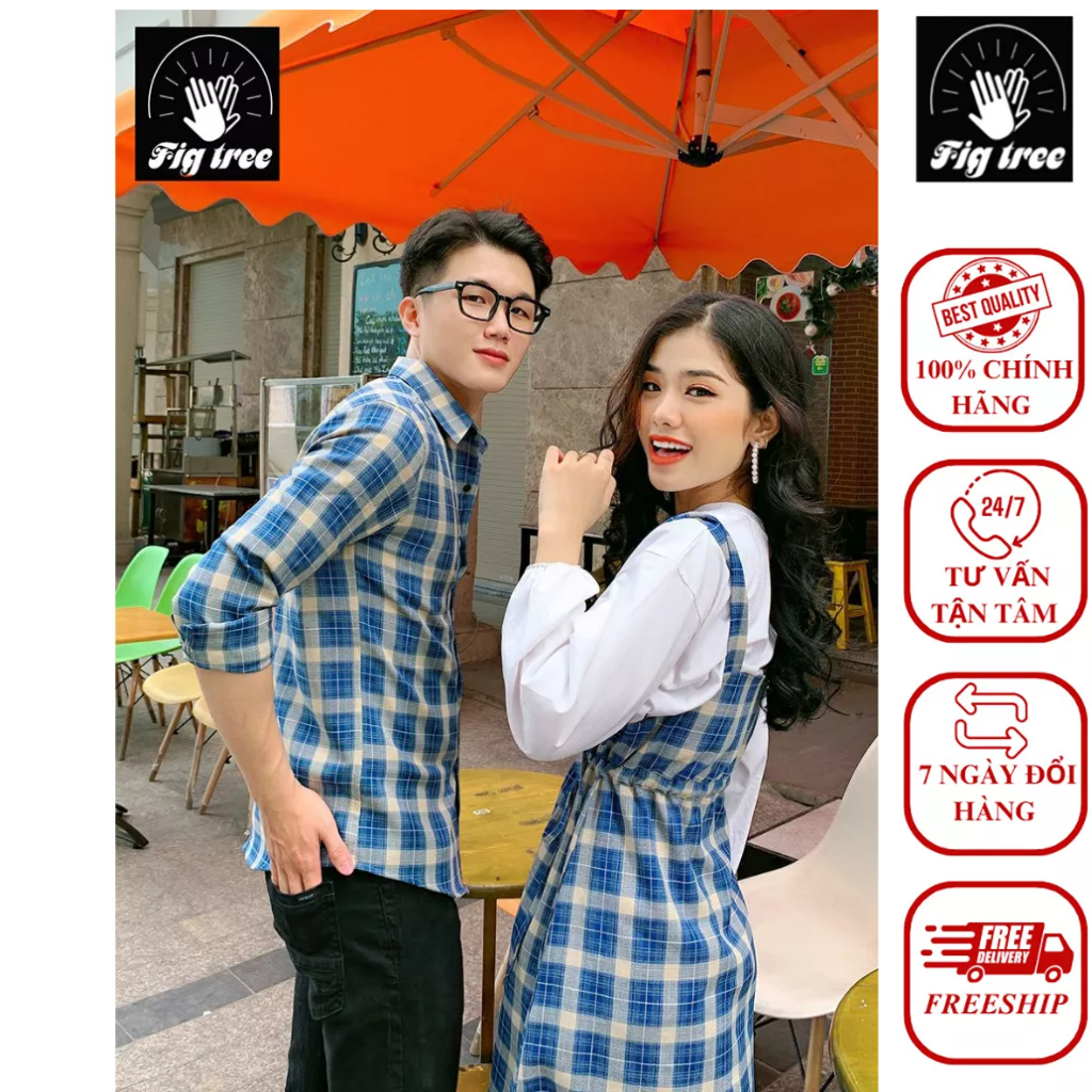 Set Sơ Mi Váy Đôi Fig Tree Sọc Caro Xanh -Yếm Nữ Kèm Thun ( Mã Số 168A)