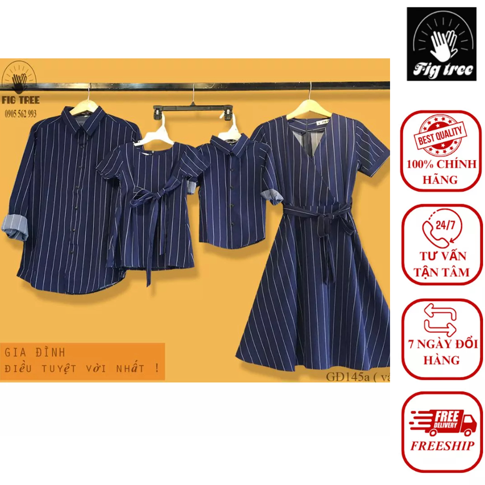 Combo Áo Sơ Mi Váy Đồng Phuc Gia Đình Sọc Xanh Mã 145A