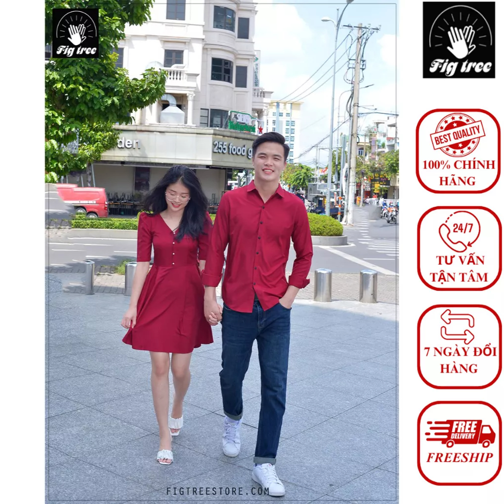 Set Sơ Mi Váy Đôi Fig Tree Màu Đỏ Đô Nút Ngọc Siêu Xinh