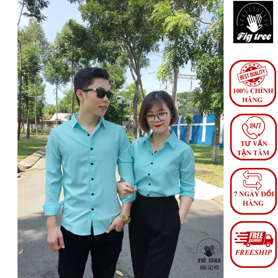 Set Áo Sơ Mi Đôi Fig Tree Màu Xanh Bạc Hà Nhẹ Nhàng