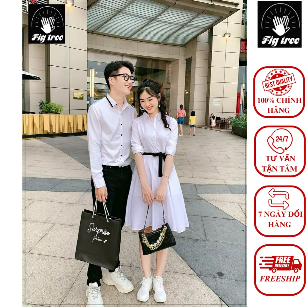 Set Sơ Mi Váy Đôi Fig Tree Màu Trắng Phối Viền Cổ Đen Siêu Sang