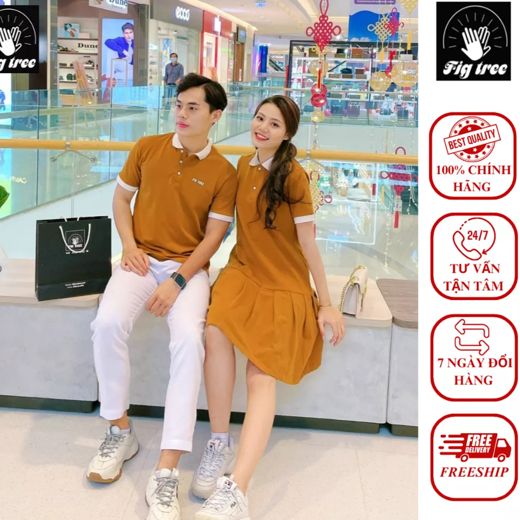 Set Áo Váy Đôi Thun Polo Fig Tree Màu Cam Đất Sang Chảnh