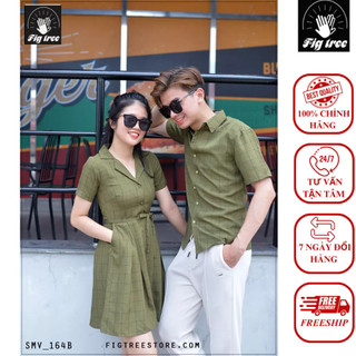 Set sơ mi váy đôi fig tree sọc caro xanh rêu