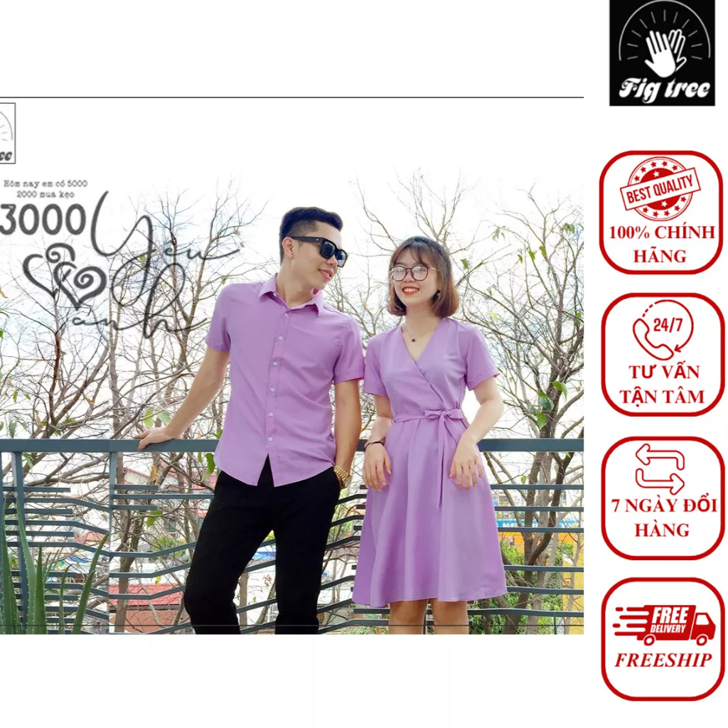 Set Sơ Mi Váy Đôi Fig Tree Màu Tím Cà Thủy Chung( Áo Nam Tay Ngắn)