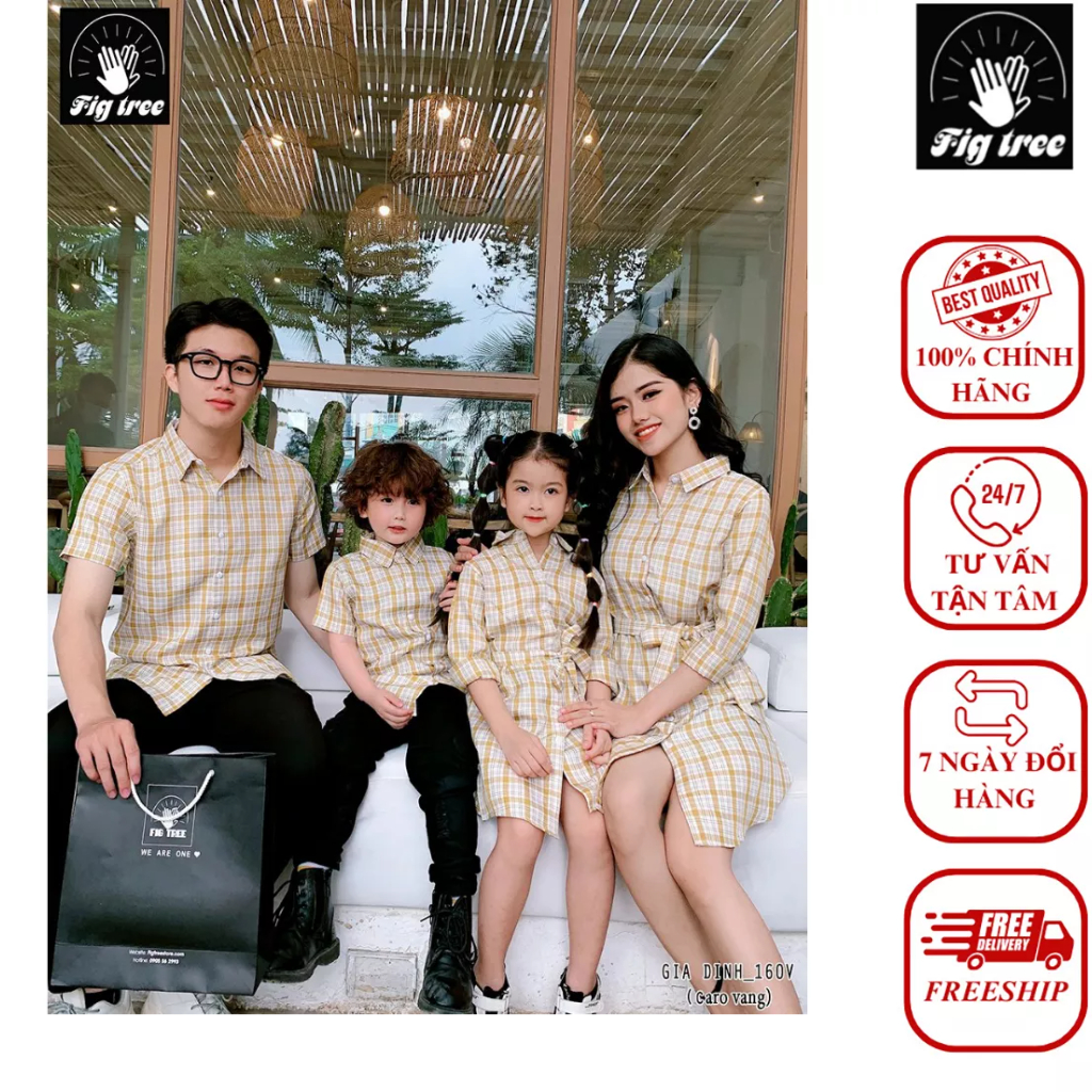 Combo Sơ Mi Váy Gia Đình Fig Tree Caro Vàng Mã 160V Siêu Đẹp