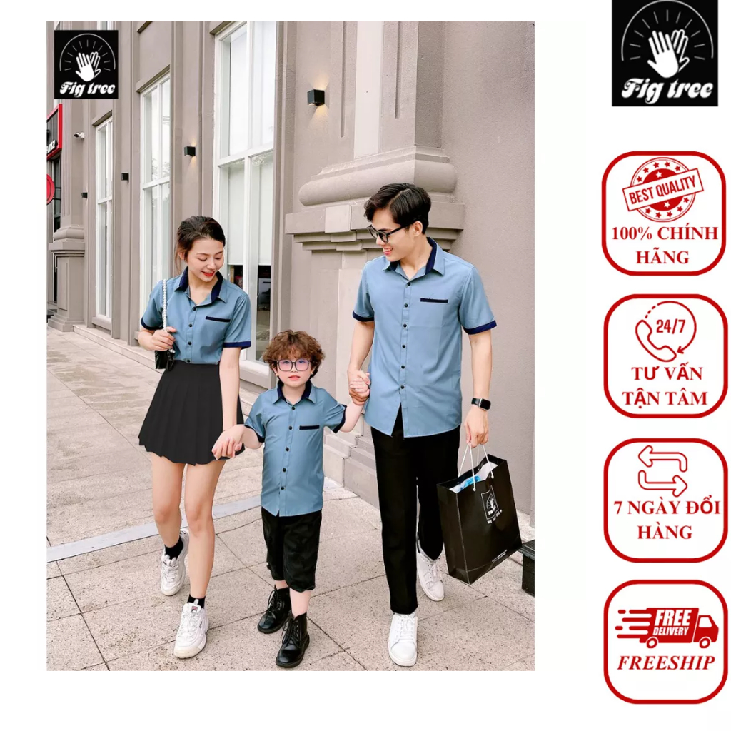 Combo Áo Sơ Mi Đồng Phục Gia Đình Fig Tree Xanh Mint Phối Siêu Xinh