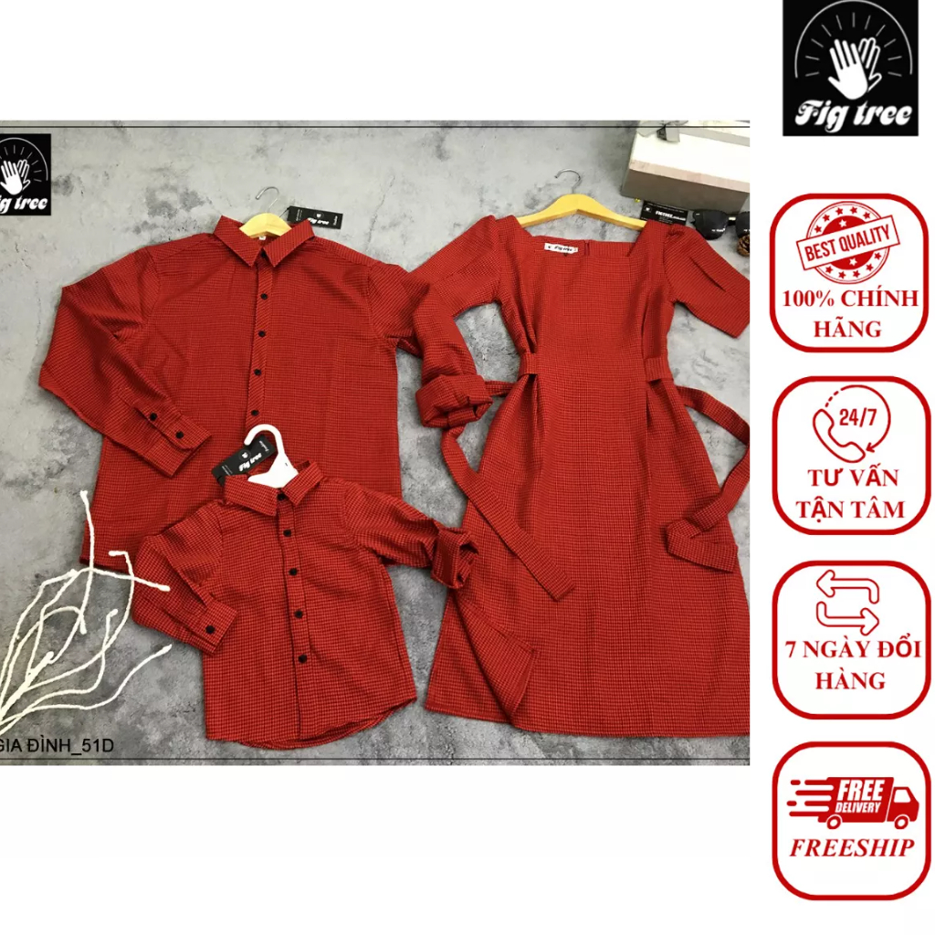 Combo Áo Sơ Mi Váy Đồng Phục Gia Đình Fig Tree Đỏ Đô Nhí Váy Bé Kèm Áo Thun