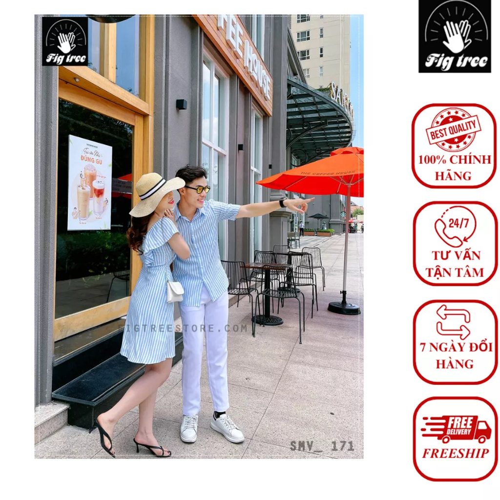 Set Sơ Mi Váy Đôi Fig Tree Sọc Đứng Trắng Xanh Siêu Xinh Mã 171