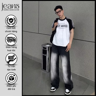 Quần jeans suông nam nữ ống rộng cá tính, quần bò unisex form rộng lưng cao màu xám khói thời trang