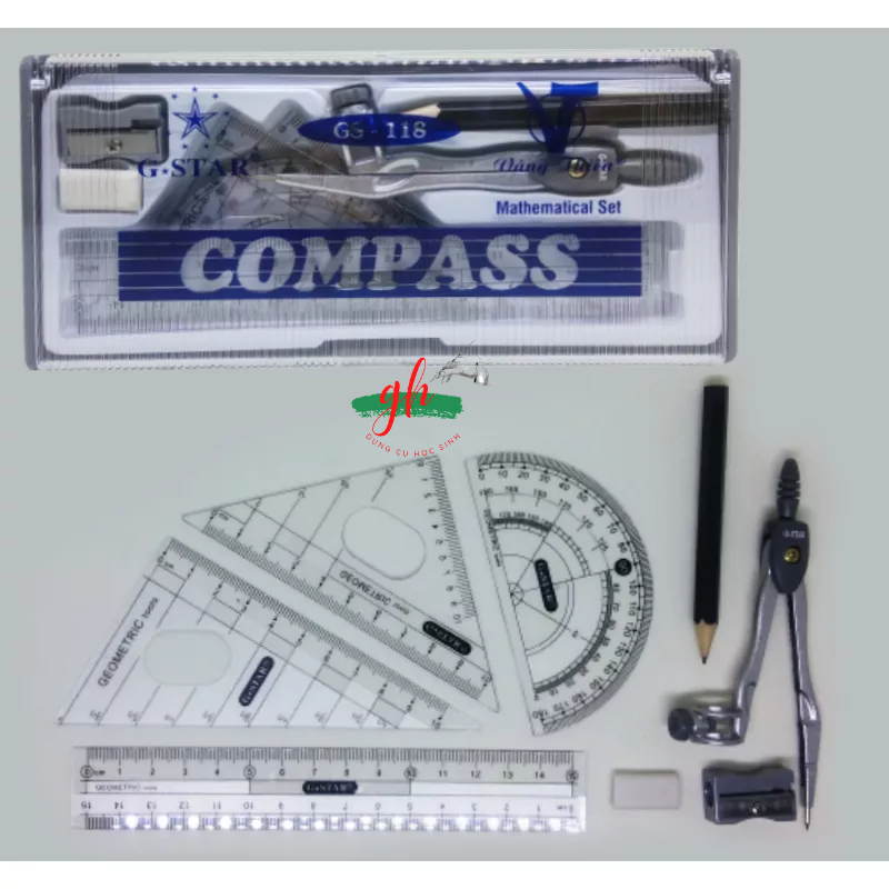 Compa bộ 7 món GSTAR U-118 sử dụng chì chuốt / Compa học sinh kèm bộ thước đủ loại
