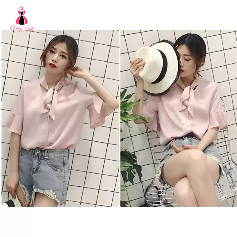 Áo sơ mi nữ cổ nơ, tay loe. Áo công sở nữ kiểu xinh xắn, chuẩn hàng Quảng Châu