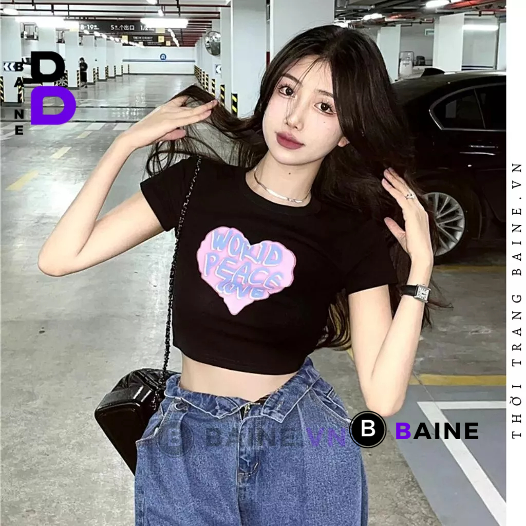 Áo Croptop Nữ HÌNH TIM VOP Chất Thun Borip Kiểu Sexy Nữ, Áo Thun Ôm Body In Hoạ Tiết Đẹp Tôn Dáng BAINE
