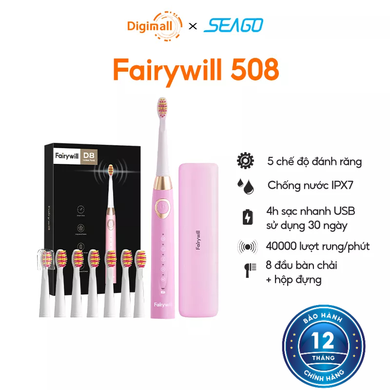 [Mã BMINC50] Bàn chải điện 5 chế độ |Chế độ rung âm hơn 40000 lần mỗi phút Seago Fairywill 508 - Hàng chính hãng