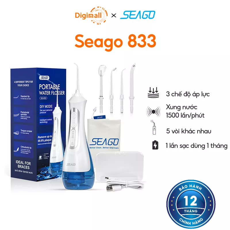 Tăm nước với 3 chế độ áp lực/ 5 vòi khác nhau/ Xung nước 1500 lần/ phút Seago SG-833 - Hàng chính hãng