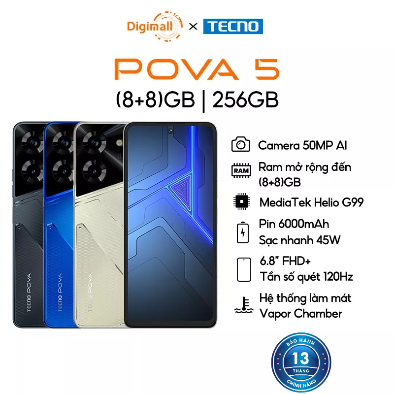 Điện thoại Tecno POVA 5 (8+8)/256GB - MediaTek G99 - Sạc nhanh 45W | Tần số quét 120HZ - Hàng Chính Hãng