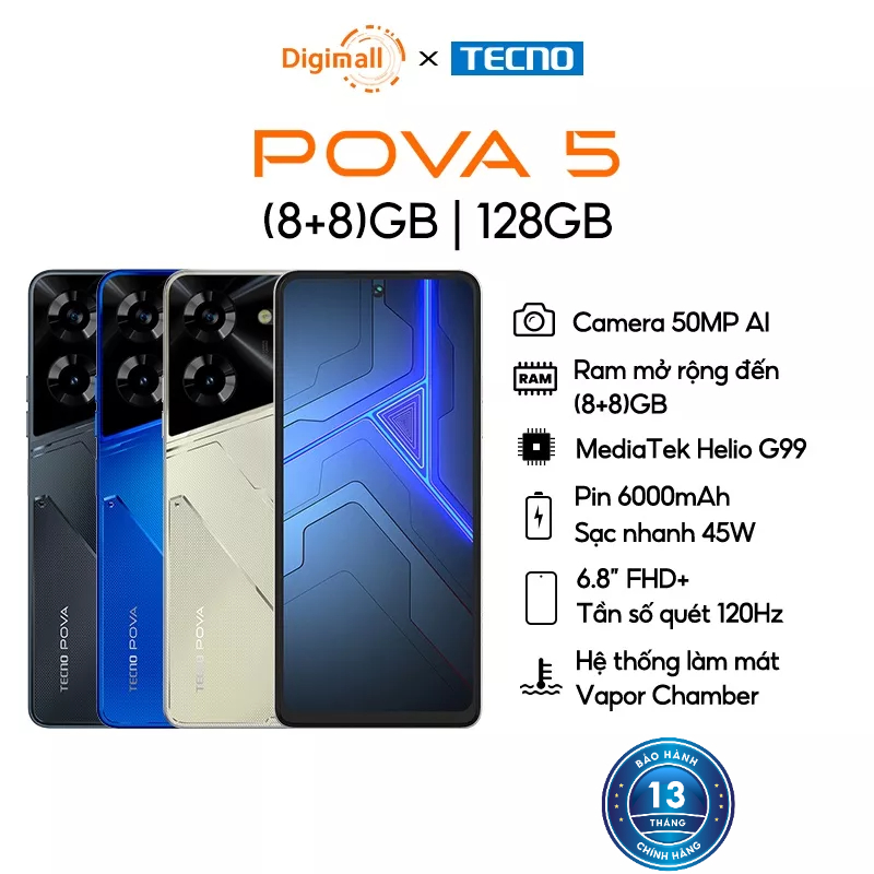 Điện thoại Tecno POVA 5 (8+8)/128GB - MediaTek G99 - Sạc nhanh 45W - 6.8'' FHD+ Tần số quét 120HZ