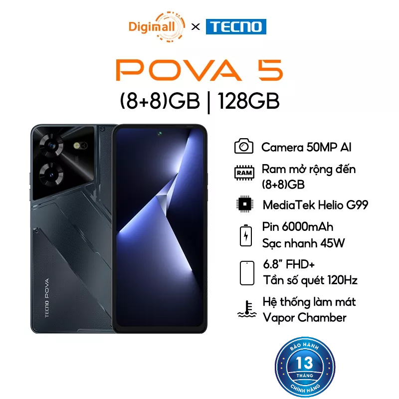 Điện thoại Tecno POVA 5 (8+8)/128GB - MediaTek G99 - Sạc nhanh 45W - 6.8'' FHD+ Tần số quét 120HZ