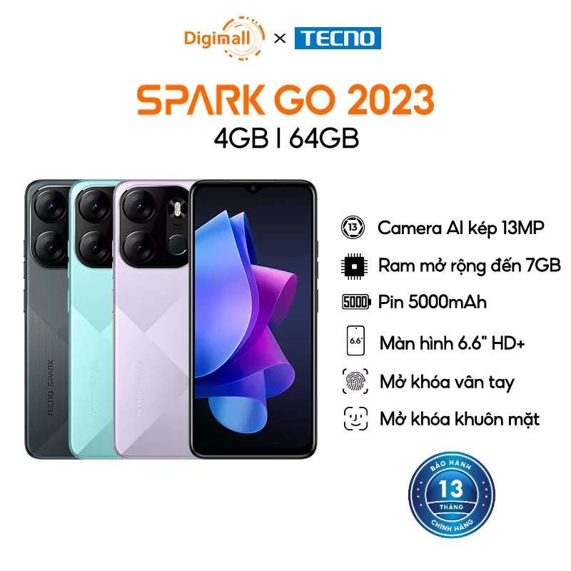 Điện thoại Tecno SPARK GO 2023 4GB/64GB - Helio A22 | 5000 mAh | 6,6" HD+| Cảm ứng vân tay | Hàng Chính Hãng