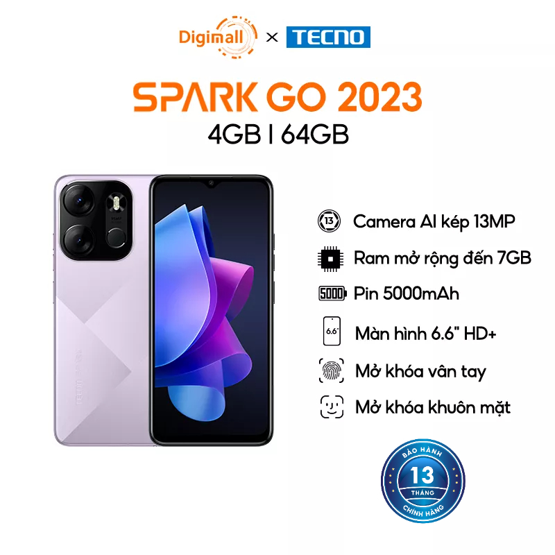 Điện thoại Tecno SPARK GO 2023 4GB/64GB - Helio A22 | 5000 mAh | 6,6" HD+| Cảm ứng vân tay | Hàng Chính Hãng