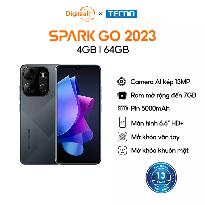 Điện thoại Tecno SPARK GO 2023 4GB/64GB - Helio A22 | 5000 mAh | 6,6" HD+| Cảm ứng vân tay | Hàng Chính Hãng