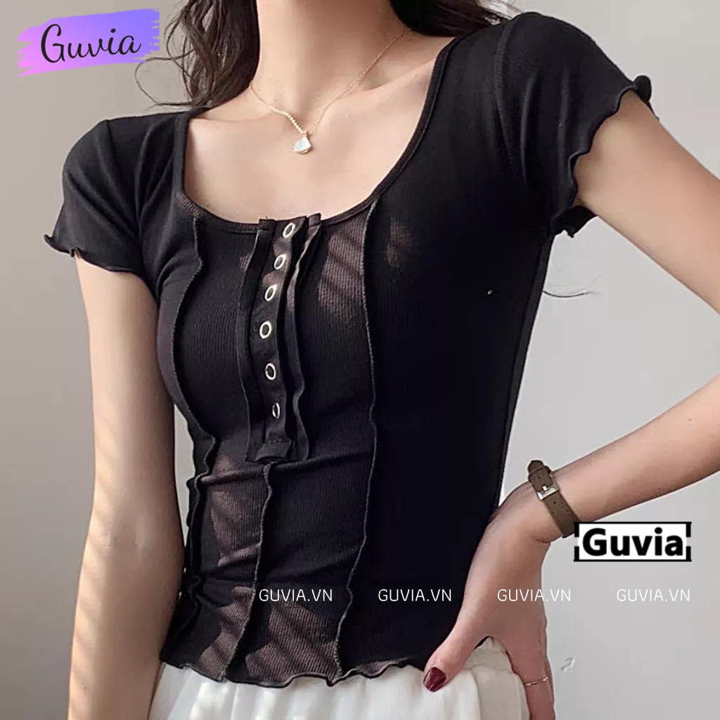 Áo Croptop Tay Ngắn CÚC BẤM 3 SỌC Cổ Vuông Ôm Body, Áo Thun Croptop Kiểu Vạt Bầu Chất Thun Gân GUVIA