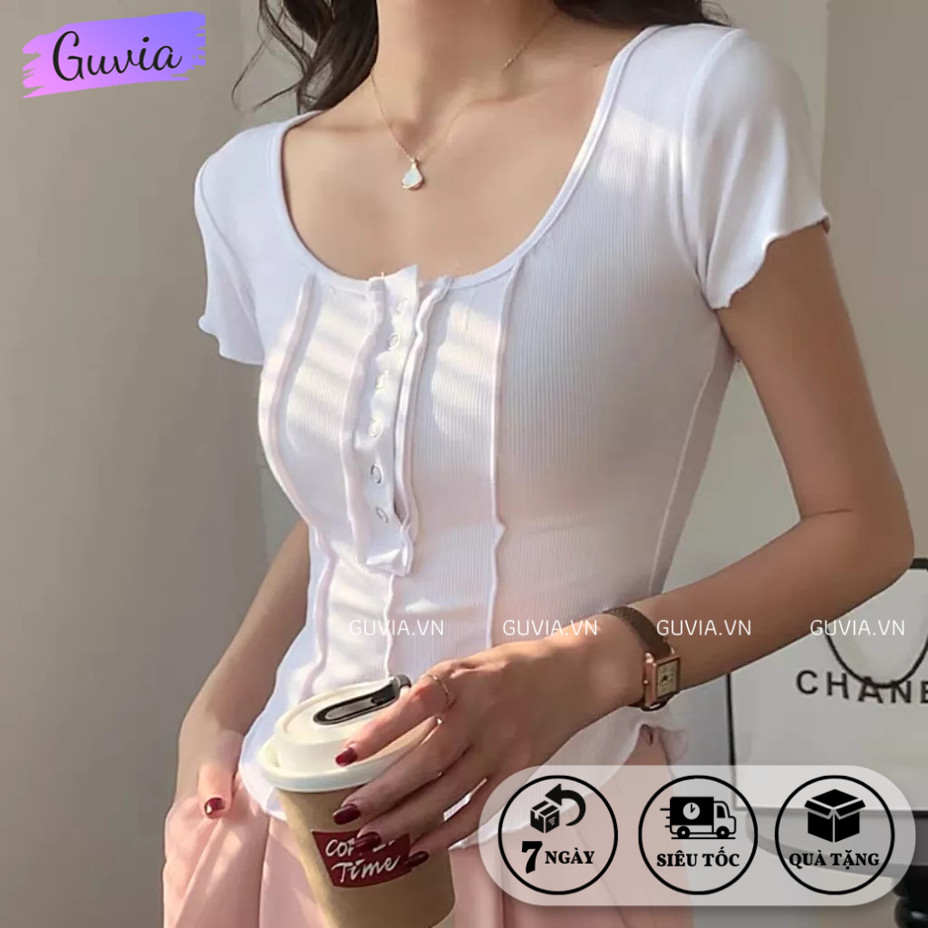 Áo Croptop Tay Ngắn CÚC BẤM 3 SỌC Cổ Vuông Ôm Body, Áo Thun Croptop Kiểu Vạt Bầu Chất Thun Gân GUVIA