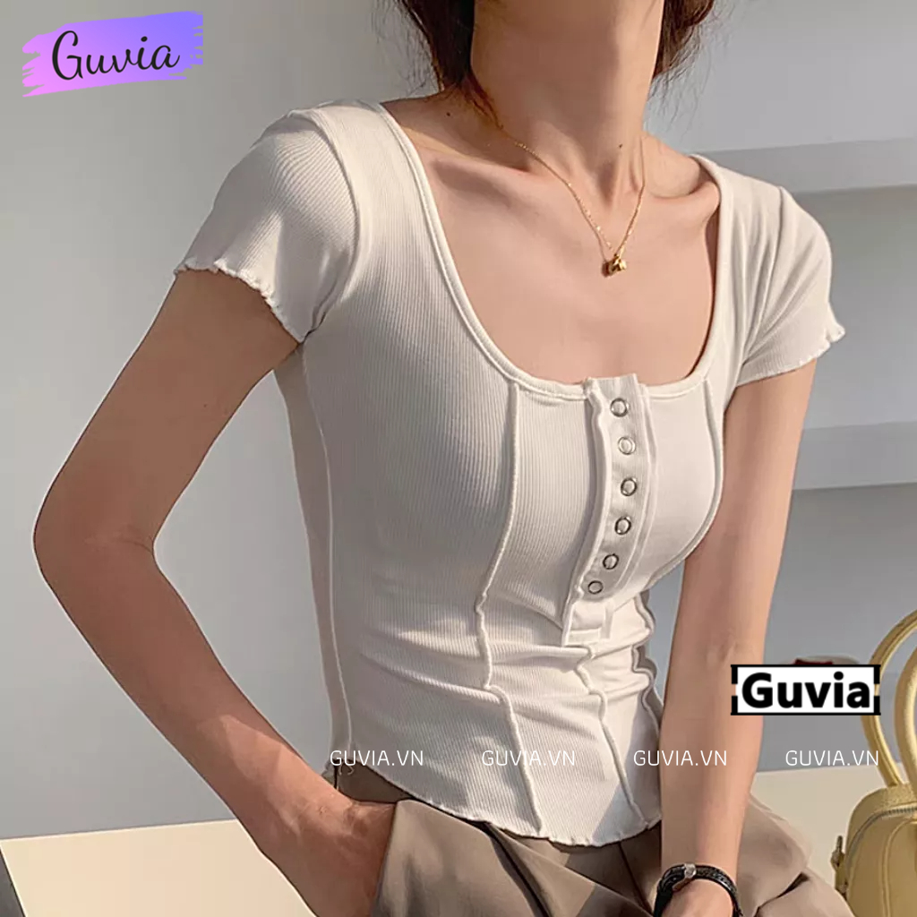 Áo Croptop Tay Ngắn CÚC BẤM 3 SỌC Cổ Vuông Ôm Body, Áo Thun Croptop Kiểu Vạt Bầu Chất Thun Gân GUVIA