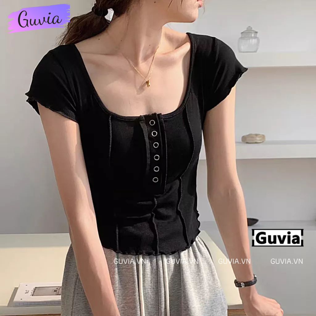 Áo Croptop Tay Ngắn CÚC BẤM 3 SỌC Cổ Vuông Ôm Body, Áo Thun Croptop Kiểu Vạt Bầu Chất Thun Gân GUVIA