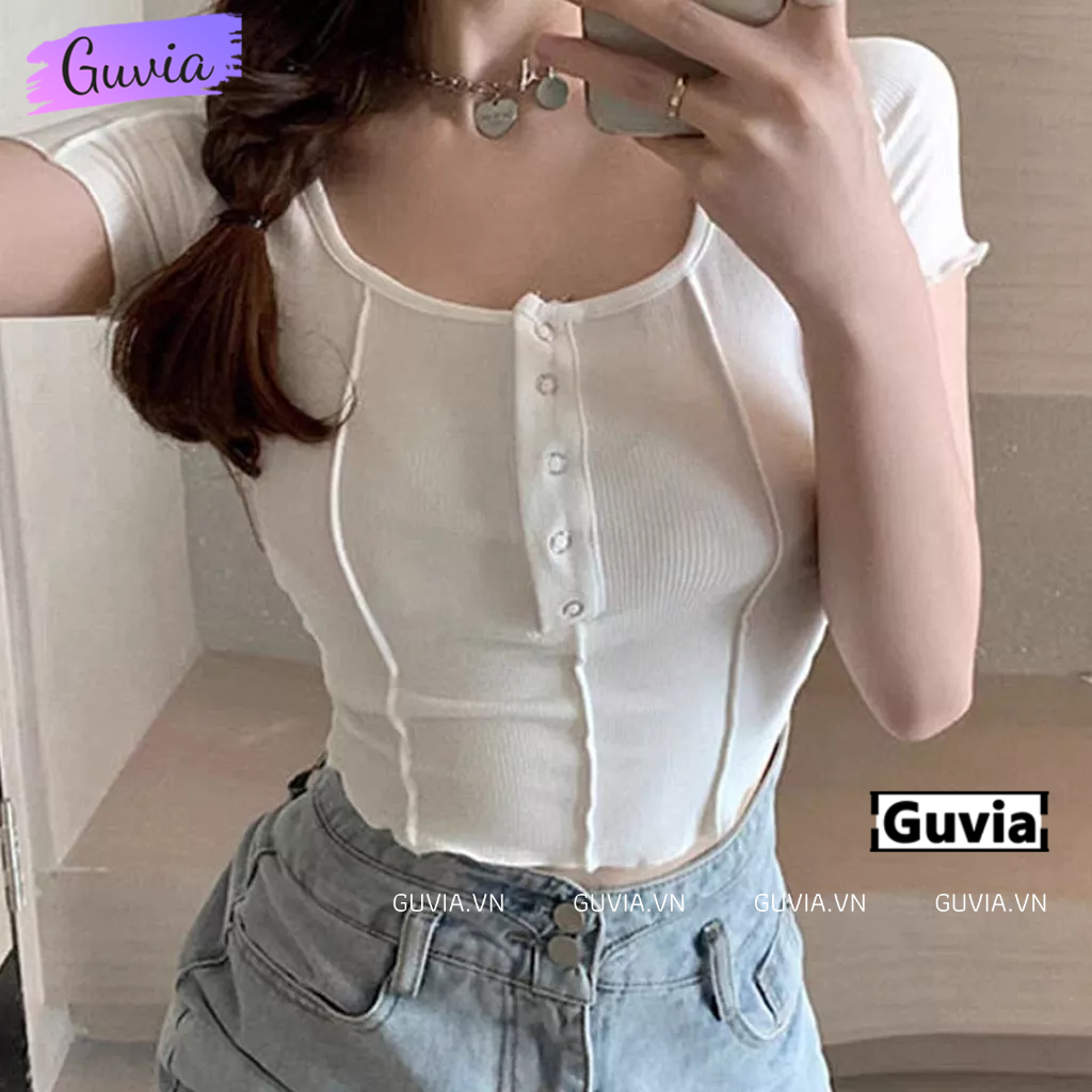 Áo Croptop Tay Ngắn CÚC BẤM 3 SỌC Cổ Vuông Ôm Body, Áo Thun Croptop Kiểu Vạt Bầu Chất Thun Gân GUVIA