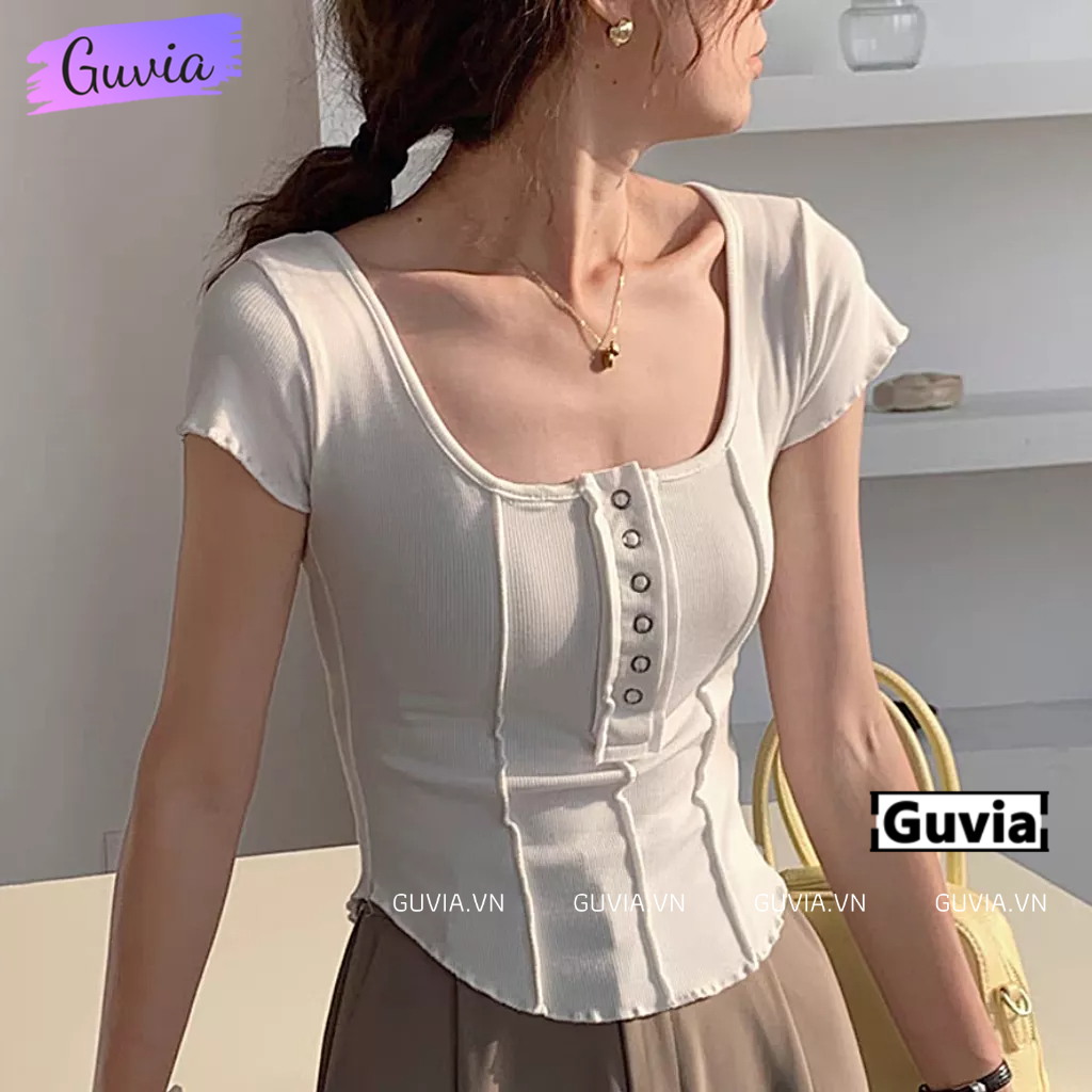 Áo Croptop Tay Ngắn CÚC BẤM 3 SỌC Cổ Vuông Ôm Body, Áo Thun Croptop Kiểu Vạt Bầu Chất Thun Gân GUVIA