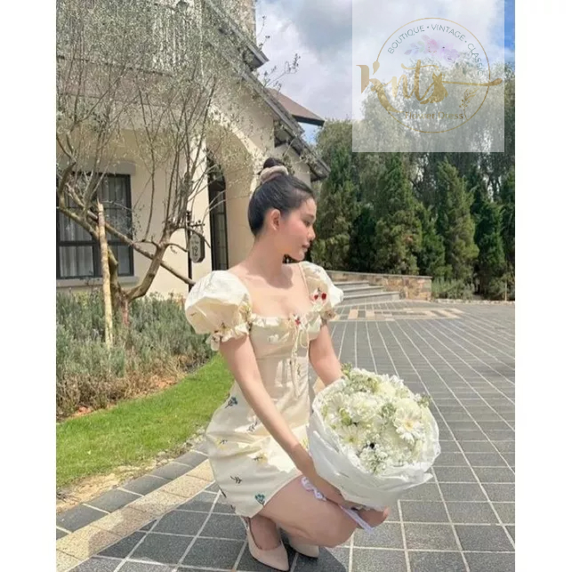 Đầm Hoa Thêu Cổ Bèo Dáng Chữ A Nữ Tính, Váy Nữ Đi Chơi