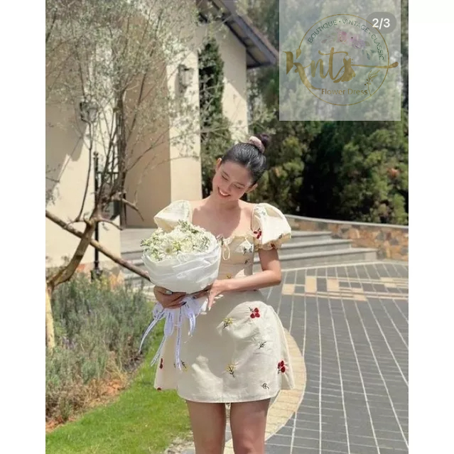 Đầm Hoa Thêu Cổ Bèo Dáng Chữ A Nữ Tính, Váy Nữ Đi Chơi