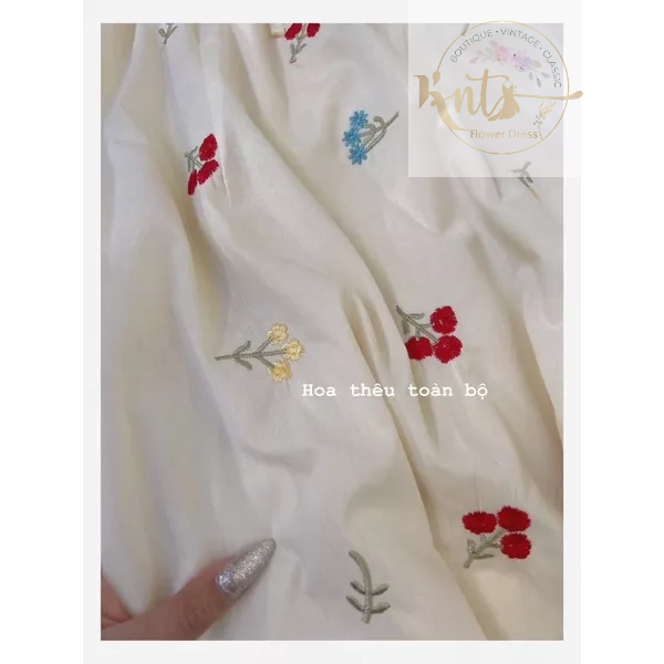 Đầm Hoa Thêu Cổ Bèo Dáng Chữ A Nữ Tính, Váy Nữ Đi Chơi