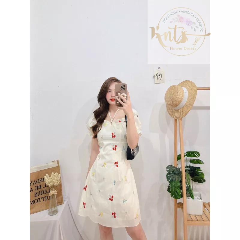 Đầm Hoa Thêu Cổ Bèo Dáng Chữ A Nữ Tính, Váy Nữ Đi Chơi