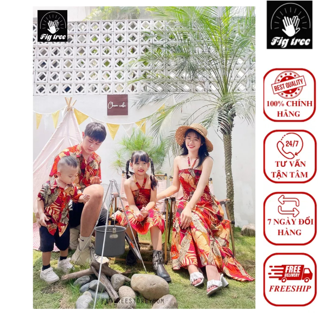 Set Sơ Mi Váy Gia Đình Fig Tree Chiếc Lá Đỏ Đi Biển Mã 180