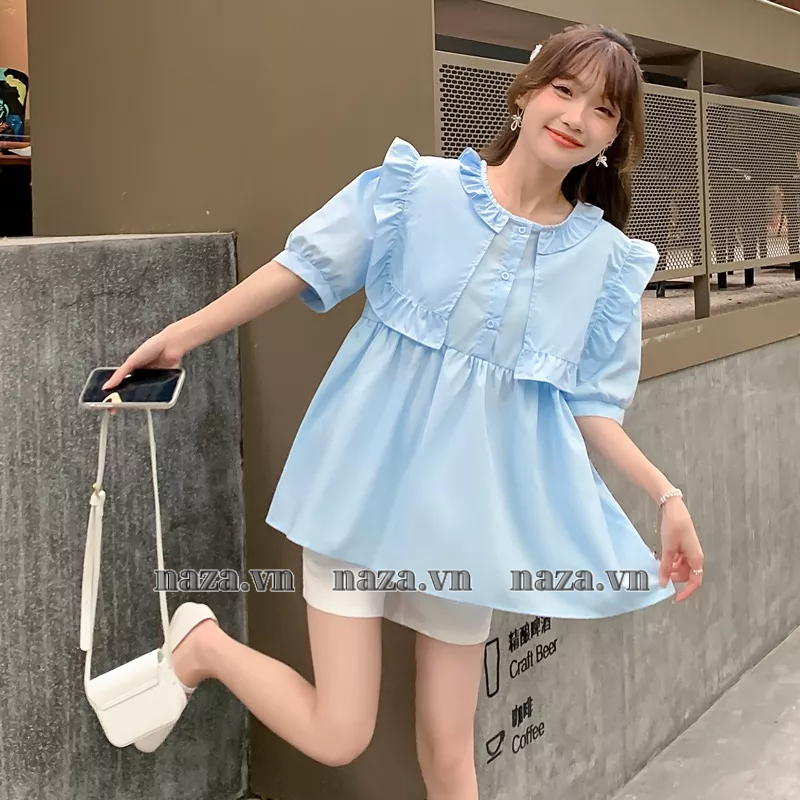 Áo Kiểu Baby Doll cổ Bèo , Áo tay ngắn thiết kế Tiểu Thư Pháp , chất Đũi Hàn mát