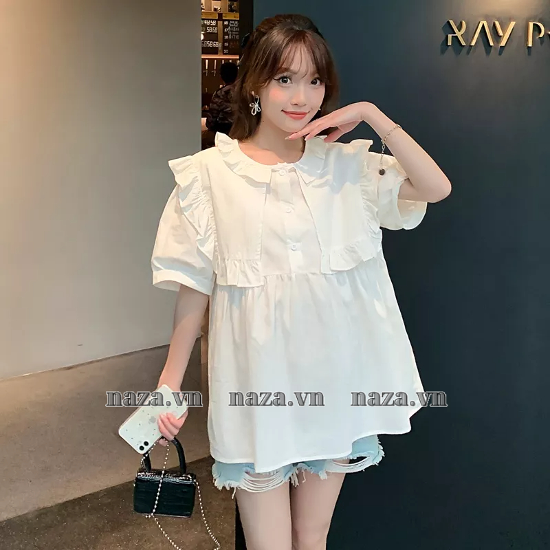 Áo Kiểu Baby Doll cổ Bèo , Áo tay ngắn thiết kế Tiểu Thư Pháp , chất Đũi Hàn mát