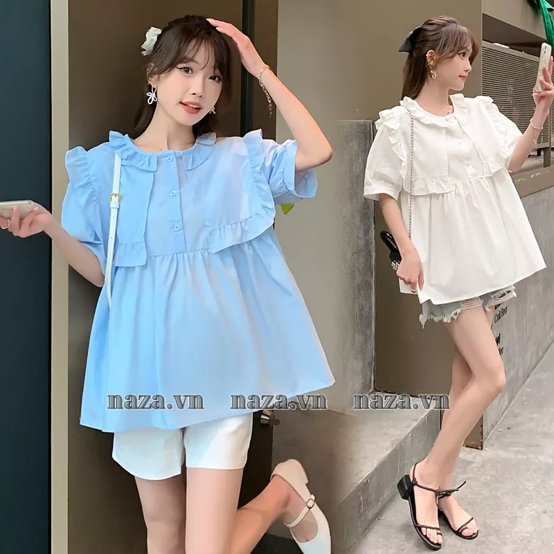 Áo Kiểu Baby Doll cổ Bèo , Áo tay ngắn thiết kế Tiểu Thư Pháp , chất Đũi Hàn mát