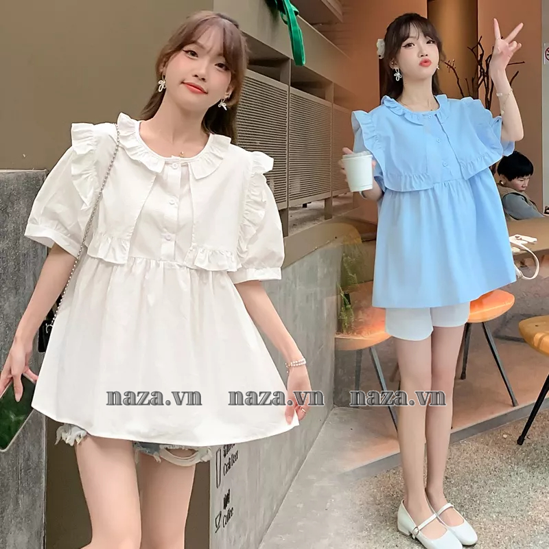 Áo Kiểu Baby Doll cổ Bèo , Áo tay ngắn thiết kế Tiểu Thư Pháp , chất Đũi Hàn mát